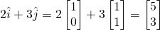 \[ 2\hat{i} + 3\hat{j} = 2\begin{bmatrix}1\\0\end{bmatrix}+ 3\begin{bmatrix}1\\1\end{bmatrix}= \begin{bmatrix}5\\3\end{bmatrix}\]