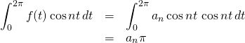 \begin{array}{rcl}  \displaystyle\int_0^{2\pi}f(t)\cos nt\,dt&=&\displaystyle\int_0^{2\pi}a_n\cos{nt}\,\cos nt\,dt\\  &=&a_n\pi  \end{array}