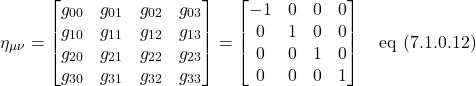 \[\displaystyle \eta_{\mu \nu} = \displaystyle \begin{bmatrix} g_{00} & g_{01} & g_{02} & g_{03} \\ g_{10} & g_{11} & g_{12} & g_{13} \\ g_{20} & g_{21} & g_{22} & g_{23}\\ g_{30} & g_{31} & g_{32} & g_{33}\end{bmatrix} = \begin{bmatrix} -1 & 0 & 0 & 0\\ 0 & 1 & 0 & 0\\0 & 0 & 1 & 0\\0 & 0 & 0 & 1 \end{bmatrix} \quad \text{eq (7.1.0.12)}  \]