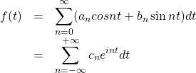 \begin{array}{rcl}  f(t)&=&\displaystyle\sum_{n=0}^{\infty}(a_n cos nt + b_n \sin nt)dt\\  &=&\displaystyle\sum_{n=-\infty}^{+\infty}}c_n e^{int}dt  \end{array}