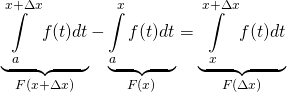 \underbrace{\displaystyle\int\limits_a^{x +\Delta x}f(t)dt}_{F(x+\Delta x)}-\underbrace{\displaystyle\int\limits_a^x f(t)dt}_{F(x)}=\underbrace{\displaystyle\int\limits_x^{x +\Delta x}f(t)dt}_{F(\Delta x)}