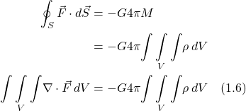 \begin{align*}  \oint_S \vec{F} \cdot d\vec{S} &= -G4\pi M \\ &= -G4\pi \underset{V}{\int \int \int}  \rho\, dV  \\  \underset{V}{\int \int \int} \nabla \cdot \vec{F}\,dV &= -G4\pi \underset{V}{\int \int \int}  \rho\, dV \quad \text{(1.6)}  \end{align*}