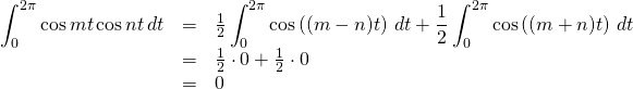 \begin{array}{rcl}  \displaystyle\int_0^{2\pi}\cos mt \cos nt\,dt &=& \frac12\displaystyle\int_0^{2\pi}\cos\left((m-n)t\right)\,dt + \frac12\displaystyle\int_0^{2\pi}\cos\left((m+n)t\right)\,dt\\  &=&\frac12\cdot 0 + \frac12\cdot 0\\  &=& 0  \end{array}