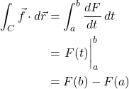 \begin{align*} \int_C \vec{f} \cdot d\vec{r}&=\int_a^b \displaystyle \frac{dF}{dt}\,dt\\ &= \eval{F(t)}_a^b \\ &= F(b)- F(a) \end{align*}