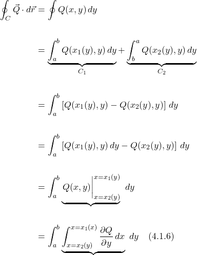 \begin{align*}  \oint_C \vec{Q} \cdot d\vec{r} &= \oint Q(x,y)\,dy \\ \\ &= \underbrace{\int_a^b Q(x_1(y),y)\,dy}_{C_1} + \underbrace{\int_b^a Q(x_2(y),y)\,dy}_{C_2} \\ \\ &= \int_a^b \left[Q(x_1(y),y)  -Q(x_2(y),y) \right]\,dy  \\ \\ &= \int_a^b \left[Q(x_1(y),y)\,dy - Q(x_2(y),y) \right]\,dy  \\ \\ &= \int_a^b \underbrace{\eval{Q(x,y)}_{x=x_2(y)}^{x=x_1(y)}}\,\,dy \\ \\ &= \int_a^b \underbrace{\int_{x=x_2(y)}^{x=x_1(x)}\displaystyle \frac{\partial Q}{\partial y}\,dx} \,\,dy  \quad \text{(4.1.6)} \end{align*}