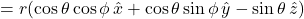 =\displaystyle r(\cos\theta\cos\phi\,\hat{x} + \cos\theta\sin\phi\,\hat{y} - \sin\theta\,\hat{z})