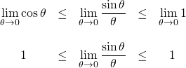 \begin{array}{ccccc}  \displaystyle\lim_{\theta \to 0} \cos\theta  &\leq& \displaystyle\lim_{\theta \to 0} \frac{\sin\theta}{\theta}  &\leq&  \displaystyle\lim_{\theta \to 0} 1 \\  \, &\,& \,&\,&\, \\  1  &\leq& \displaystyle\lim_{\theta \to 0} \frac{\sin\theta}{\theta}  &\leq&  1   \end{array}