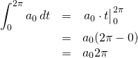 \begin{array}{rcl}  \displaystyle\int_0^{2\pi}a_0\,dt &=& \eval{a_0\cdot t}_0^{2\pi}\\  &=&a_0(2\pi-0)\\  &=&a_0 2\pi  \end{array}