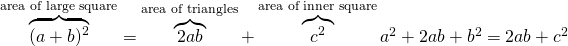 \overbrace{(a+b)^2}^{\text{area of large square}}&=&\overbrace{2ab}^{\text{area of triangles}}+\overbrace{c^2}^{\text{area of inner square}} a^2+2ab+b^2&=&2ab+c^2