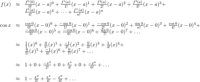 \begin{array}{rcl}  f(x) &\approx& \frac{f^{0}(0) }{0!}(x-a)^0 + \frac{f^{1}(a) }{1!}(x-a)^1 + \frac{f^{2}(a) }{2!}(x-a)^2 + \frac{f^{3}(a) }{3!}(x-a)^3 +\\ \, &\,& \frac{f^{4}(a) }{4!}(x-a)^4 + \dots + \frac{f^{n}(a) }{n!}(x-a)^n\\  \, &\,& \, \\  \cos x &\approx& \frac{\cos 0}{0!}(x-0)^0 + \frac{-\sin 0}{1!}(x-0)^1 + \frac{-\cos 0}{2!}(x-0)^2 + \frac{\sin 0}{n!}(x-0)^3 + \frac{\cos 0}{4!}(x-0)^4 + \\ \, &\,& \frac{-\sin 0}{5!}(x-0)^5 + \frac{-\cos 0}{6!}(x-0)^6 + \frac{\sin 0}{7!}(x-0)^7 + \dots  \, &\,& \, \\  &\approx& \frac{1}{1}(x)^0 + \frac{0}{1!}(x)^1 + \frac{-1}{2!}(x)^2 + \frac{0}{3!}(x)^3 + \frac{1}{4!}(x)^4 + \\ \, &\,& \frac{0}{5!}(x)^5 + \frac{-1}{6!}(x)^6 + \frac{0}{7!}(x)^7 + \dots  \, &\,& \, \\  &\approx& 1 + 0 + \frac{-x^2}{2!} + 0 + \frac{x^4}{4!} + 0 + \frac{-x^6}{6!} + \dots  \, &\,& \, \\  &\approx& 1 - \frac{x^2}{2!} + \frac{x^4}{4!} - \frac{x^6}{6!} + \dots  \end{array}